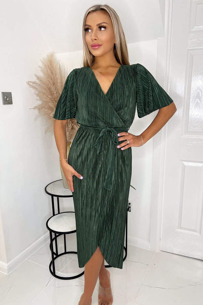 Dark green tie waist plisse store midi dress