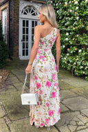 Cream and Pink Floral Print One Shoulder Pleated Satin Midi Dress