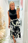 Black And White Printed 2 In 1 Double Frill Split Midi Dress