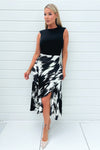 Black And White Printed 2 In 1 Double Frill Split Midi Dress