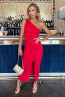 Red One Shoulder Knot Skirt Midi Dress