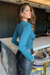 Teal Long Sleeve Drape Waist Wrap Bodysuit