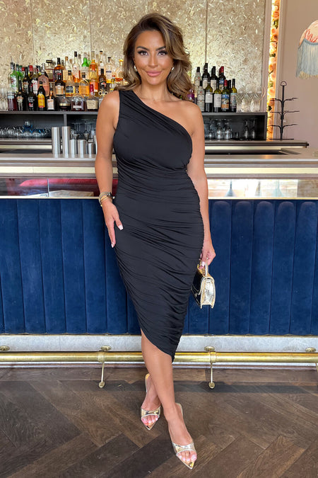 Black One Shoulder Asymmetric Hem Ruched Midi Dress