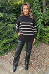 Black and Oatmeal Striped Button Detail Shoulder Knit Jumper