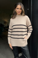 Oatmeal and Black Striped Button Detail Shoulder Knit Jumper