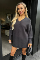 Anthracite V-Neck Knitted Jumper Dress