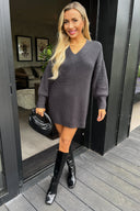 Anthracite V-Neck Knitted Jumper Dress