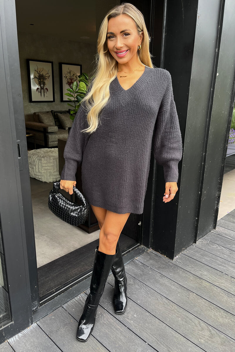 Anthracite V-Neck Knitted Jumper Dress