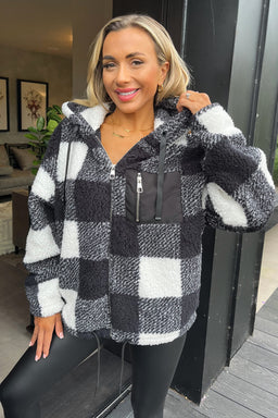 Black Check Pocket Detail Hooded Teddy Jacket