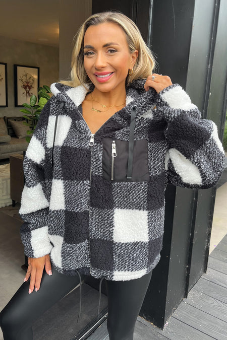 Black Check Pocket Detail Hooded Teddy Jacket