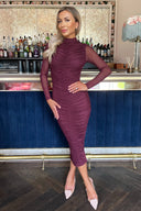 Plum High Neck Long Sleeve Ruched Bodycon Mesh Midi Dress