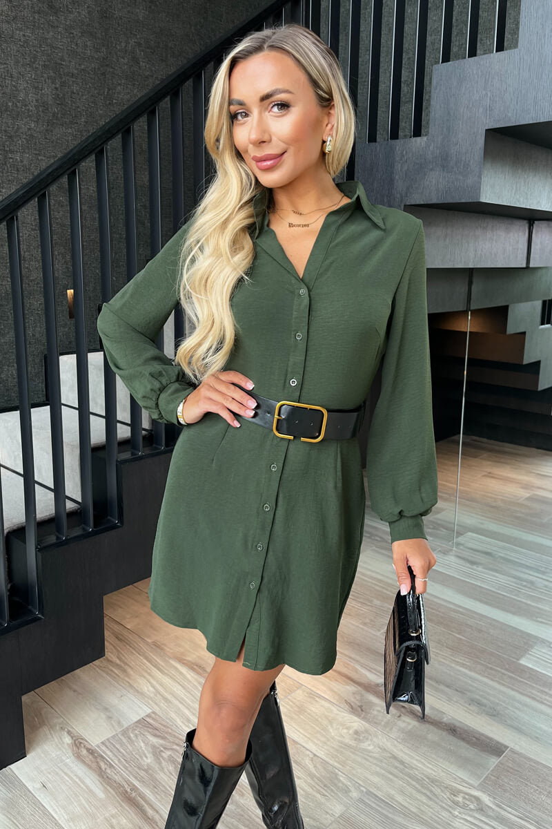 Olive Button Front Belted Shirt Mini Dress