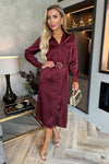 Wine Satin Belted 3/4 Sleeve Gold Buttons Shirt Midi Dress