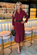 Wine Button Front Belted Shirt Midi Dress