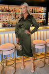 Olive Satin Belted 3/4 Sleeve Gold Buttons Shirt Midi Dress