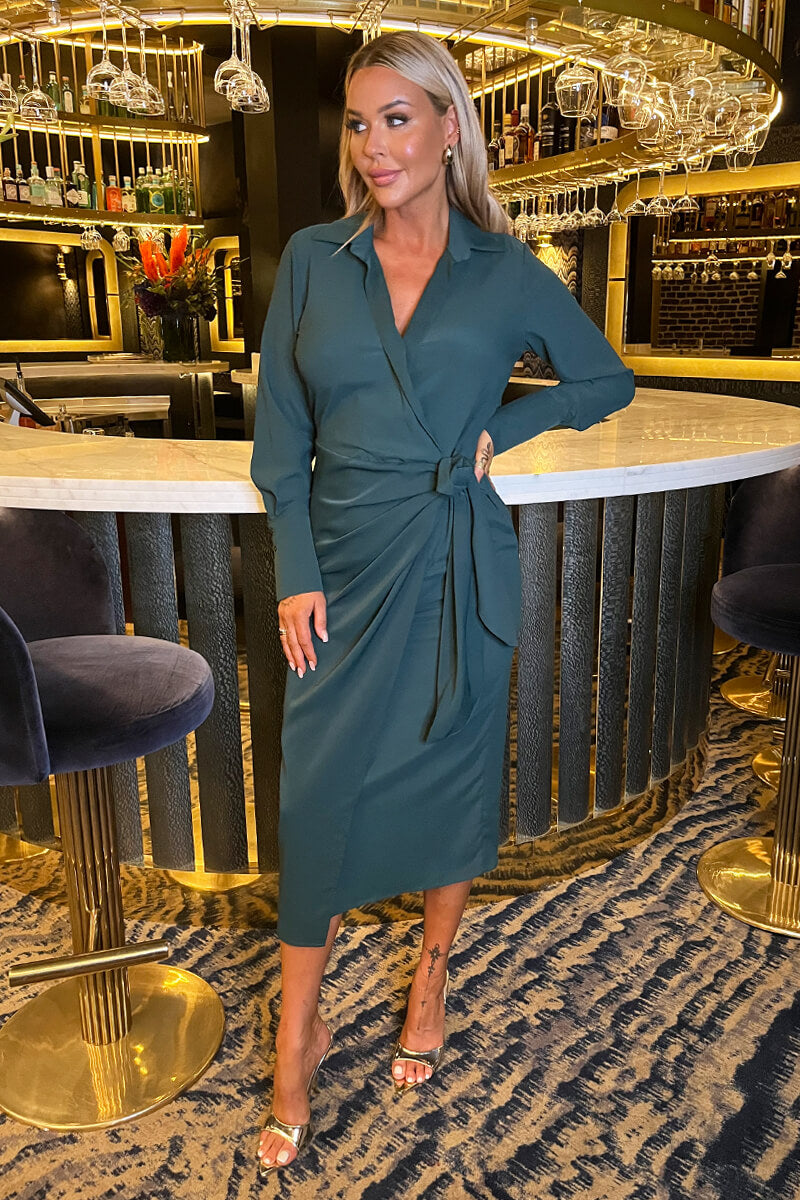 Teal Side Tie Waist Wrap Midi Dress