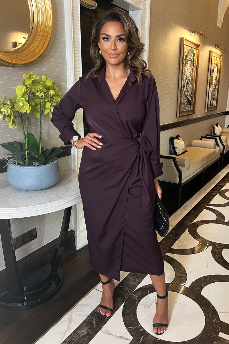 Plum Side Tie Waist Wrap Midi Dress