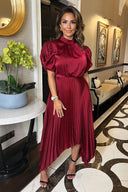 Wine High Neck Puff Sleeve Zig Zag Hem Pleated Midi Dress