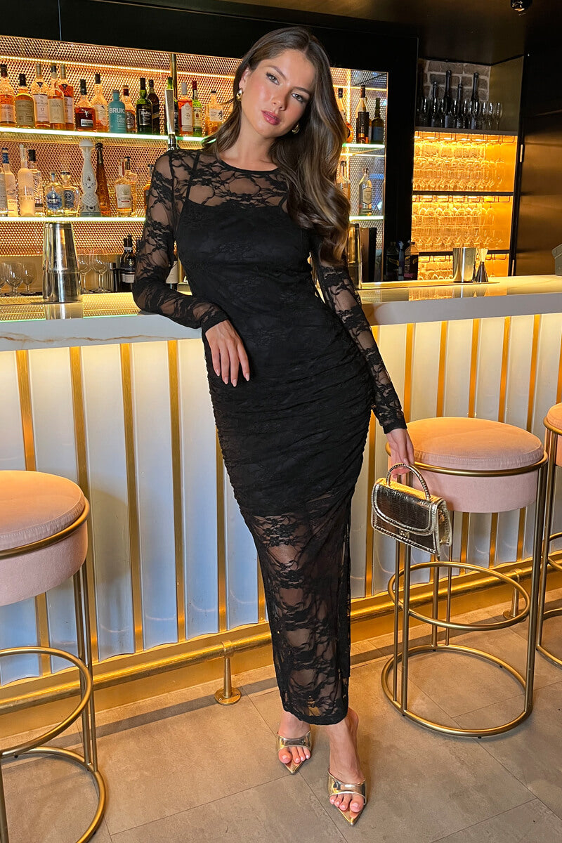 Black Lace Overlay Long Sleeve Bodycon Midi Dress