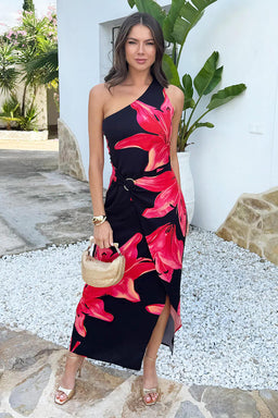 Black-And-Coral-Red-Floral-Print-One-Shoulder-O-Ring-Midi-Dress-8.jpg