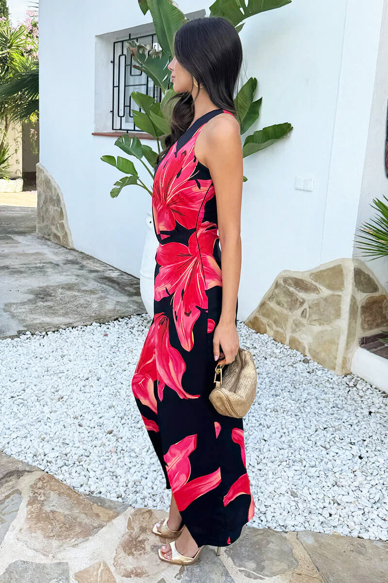 Black-And-Coral-Red-Floral-Print-One-Shoulder-O-Ring-Midi-Dress-9.jpg