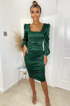 Green Satin Square Neck Ruched Dress