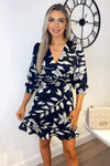 Navy And White Floral Printed Frill Hem Dress
