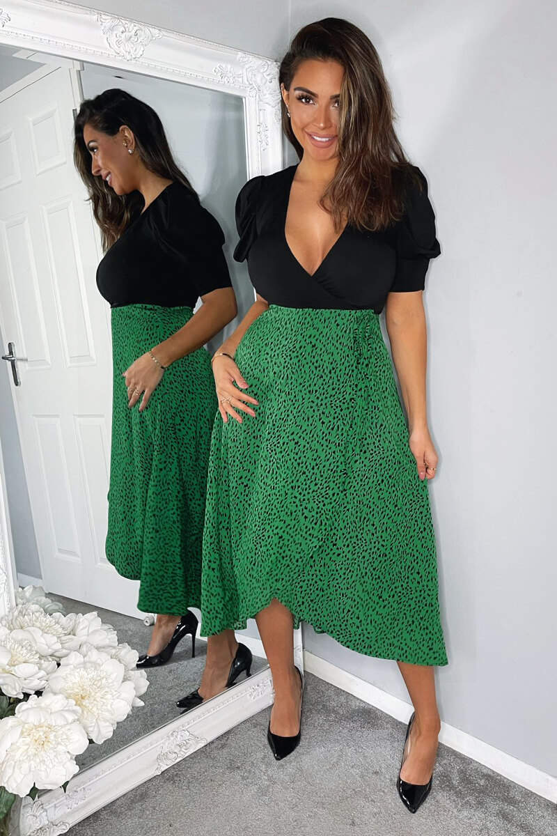 Green Printed 2 in 1 Wrap Over Tie Side Dress