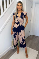 Navy And Blush Floral Wrap Front Belted Jumpsuit