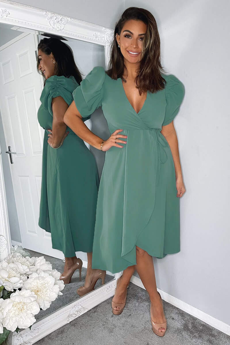 Duck Egg Wrap Over Tie Midi Dress