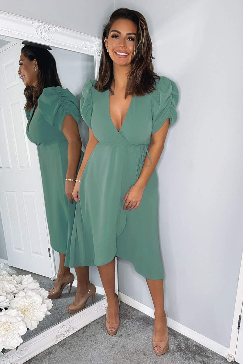 Duck Egg Wrap Over Tie Midi Dress