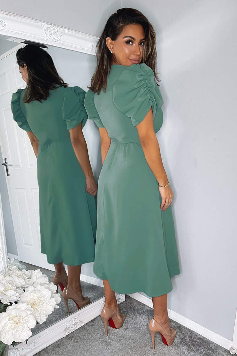 Duck Egg Wrap Over Tie Midi Dress