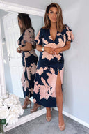 Navy And Blush Floral Print Bell Sleeve Midi Dress