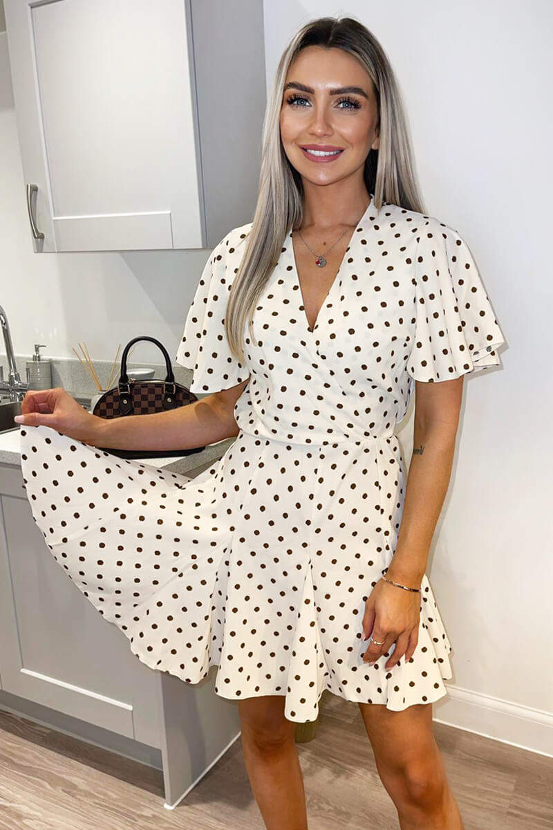 Cream Spotty Butterfly Sleeve Pleated Mini Dress