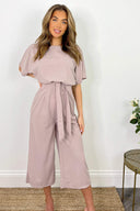 Mushroom Tie Waist Short Sleeve Culotte Jumpsuit