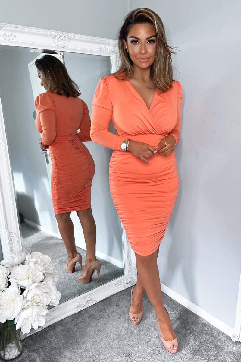 Peach Ruched Long Sleeve Cross Front Midi Dress