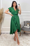 Green Wrap Over Frill Hem Short Sleeve Midi Dress
