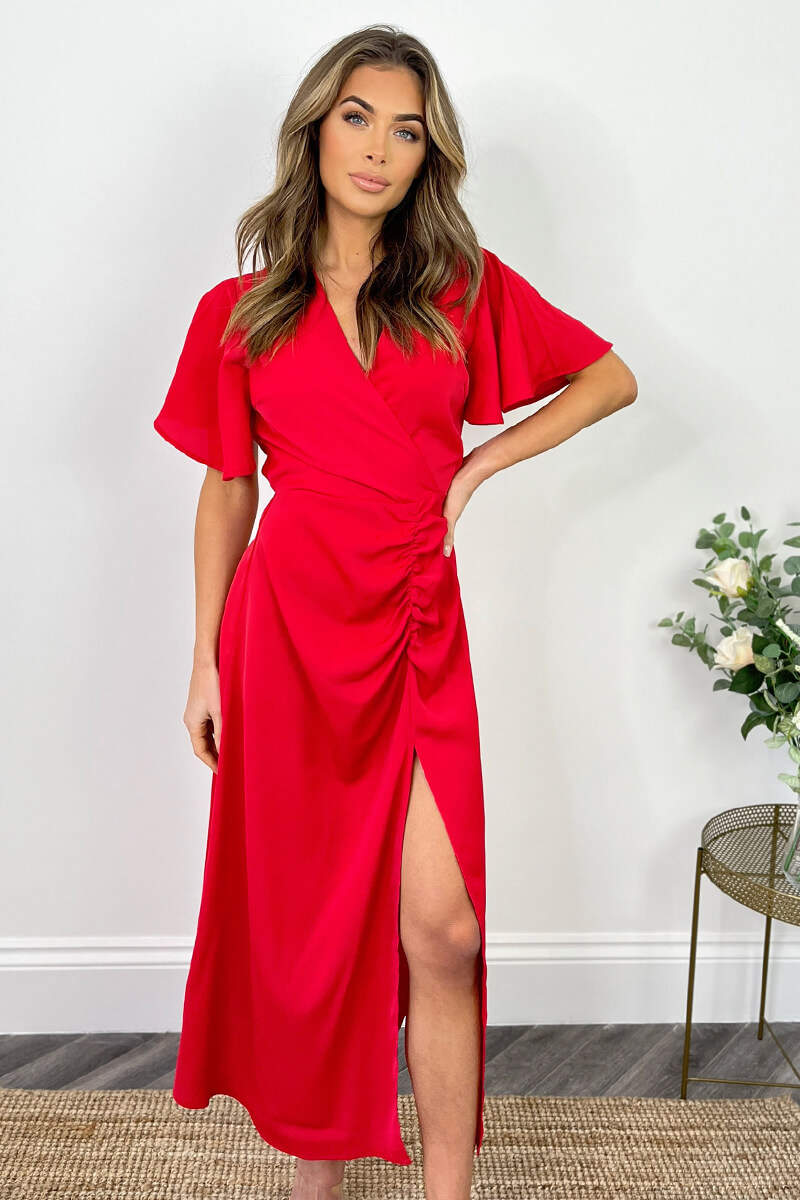 Red Ruched Split Leg Midi Dress