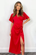 Red Ruched Split Leg Midi Dress