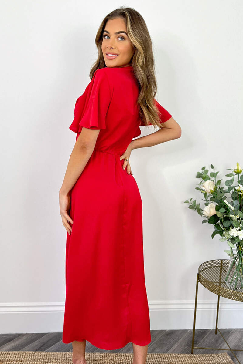 Red Ruched Split Leg Midi Dress