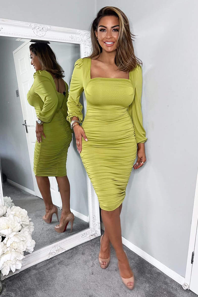 Lime Square Neck Ruched Long Sleeve Midi Dress