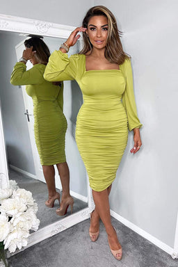 Lime Square Neck Ruched Long Sleeve Midi Dress