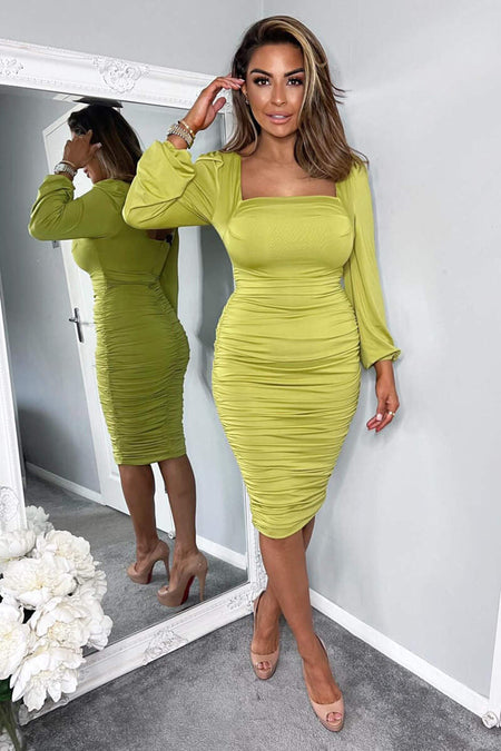 Lime Square Neck Ruched Long Sleeve Midi Dress