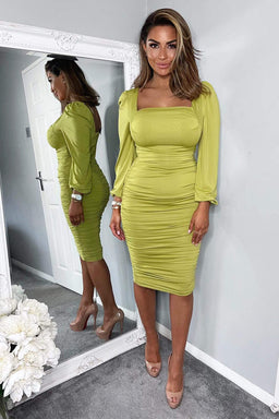 Lime Square Neck Ruched Long Sleeve Midi Dress