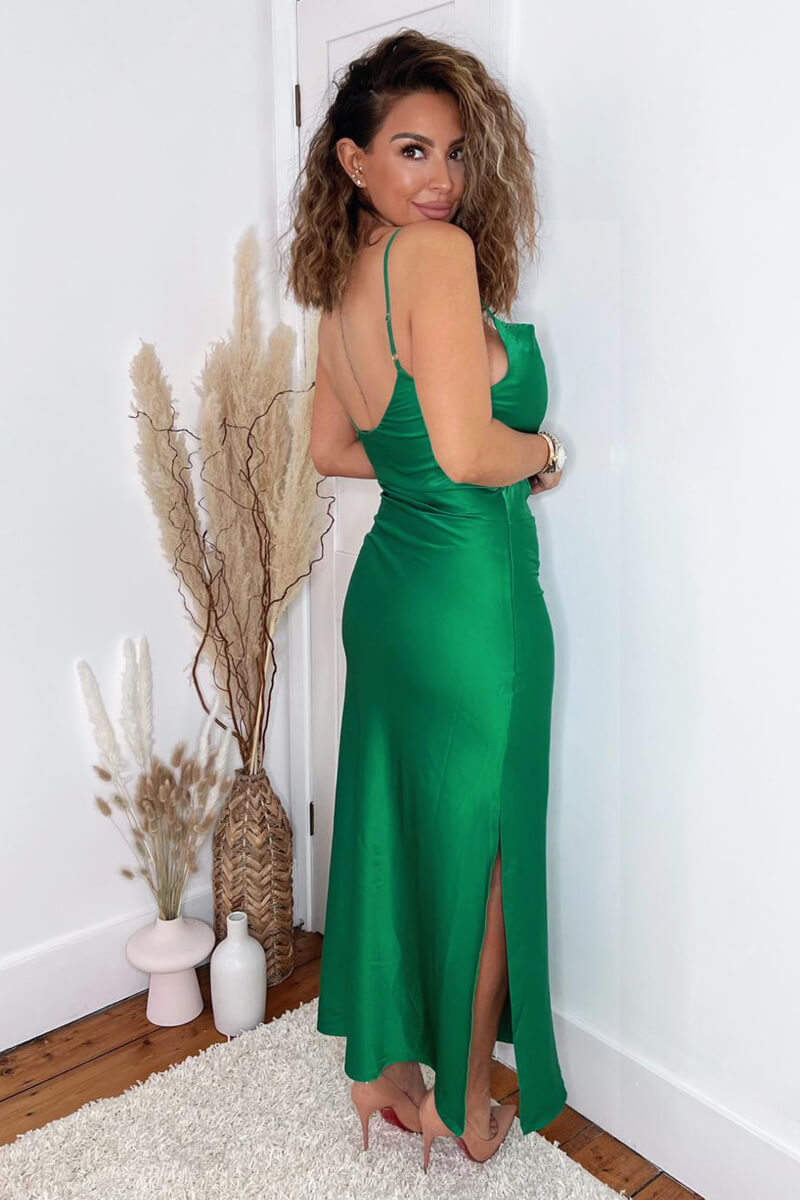 Jade Green Satin Cowl Neck Midi Dress