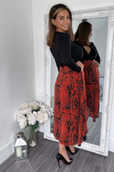 Red And Black Printed Long Sleeve 2 In 1 Midi Dress