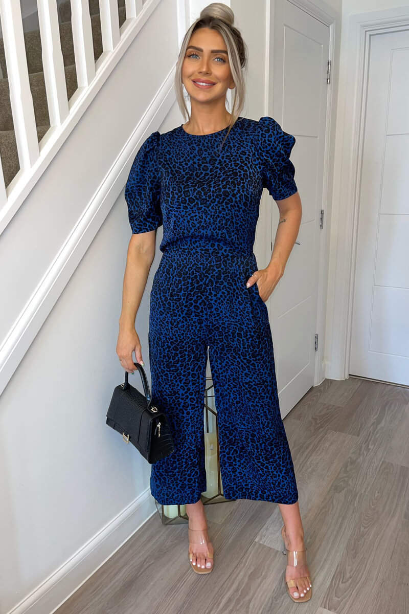 Blue Animal Print Puff Sleeve Jumpsuit