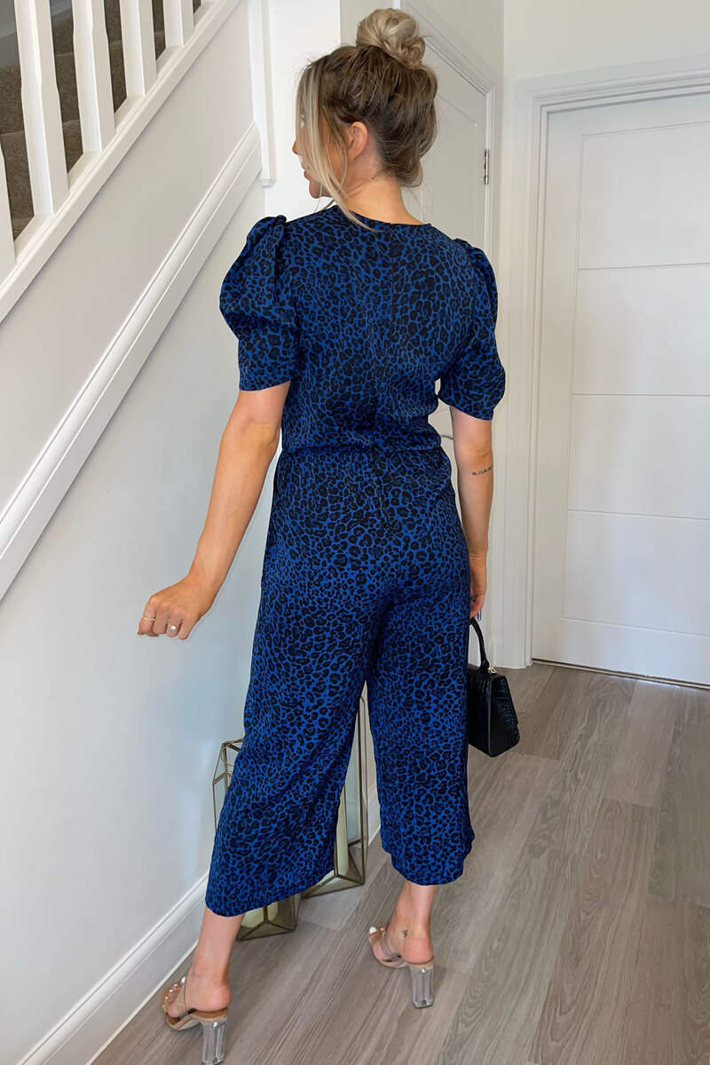 Blue Animal Print Puff Sleeve Jumpsuit