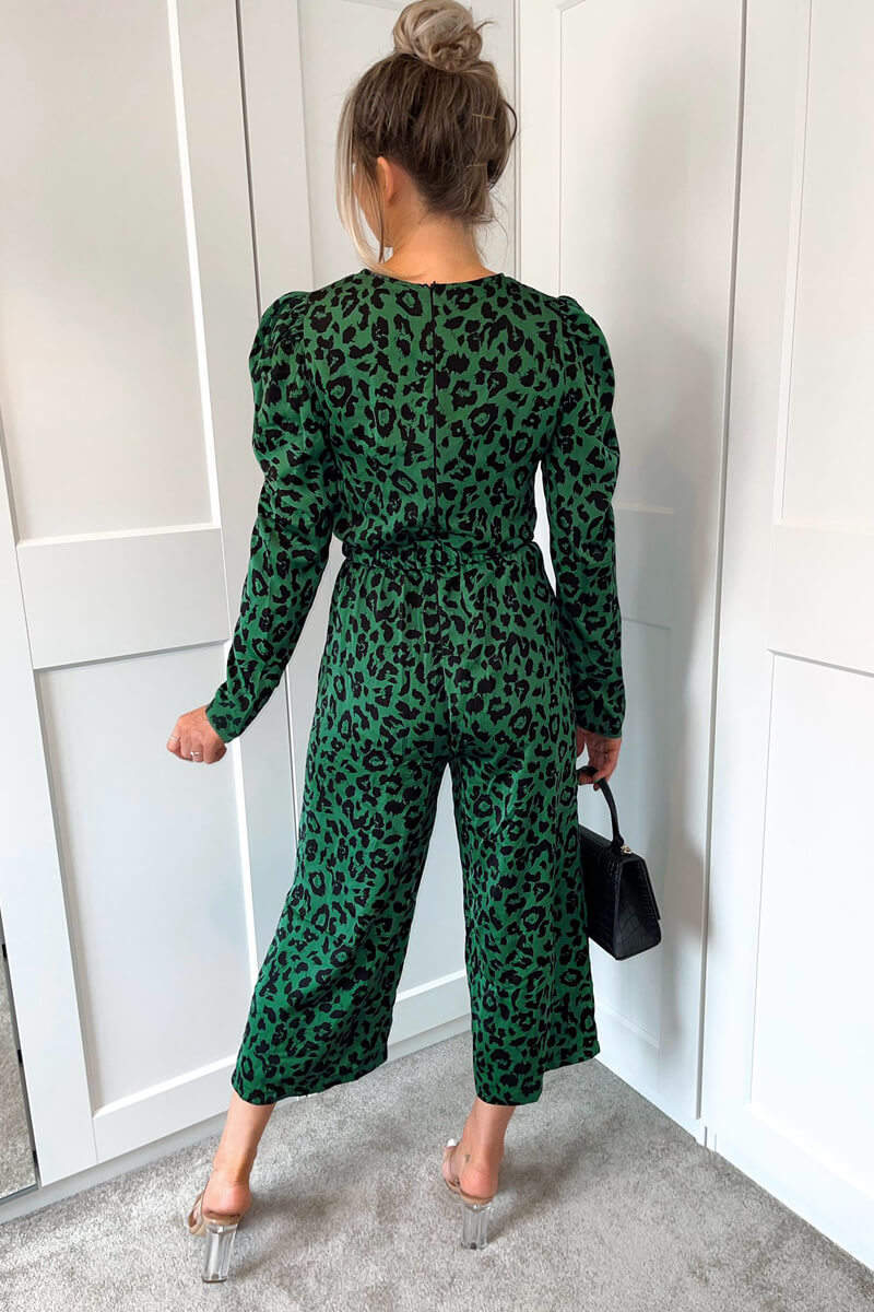 Green And Black Animal Print Long Sleeve Belted Jumpsuit