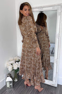 Brown And Cream Printed V-Neck Long Sleeve Midi Dress